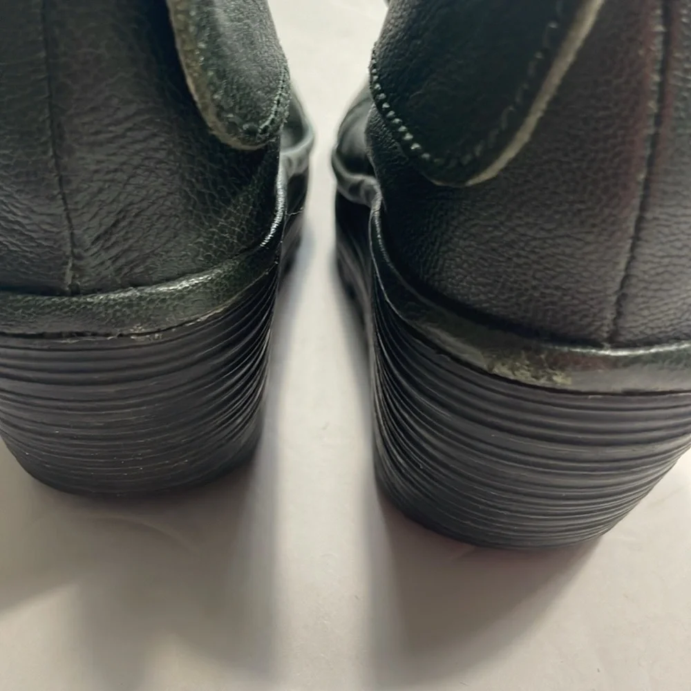 Fly London Dark Green Leather Wedge Sandals